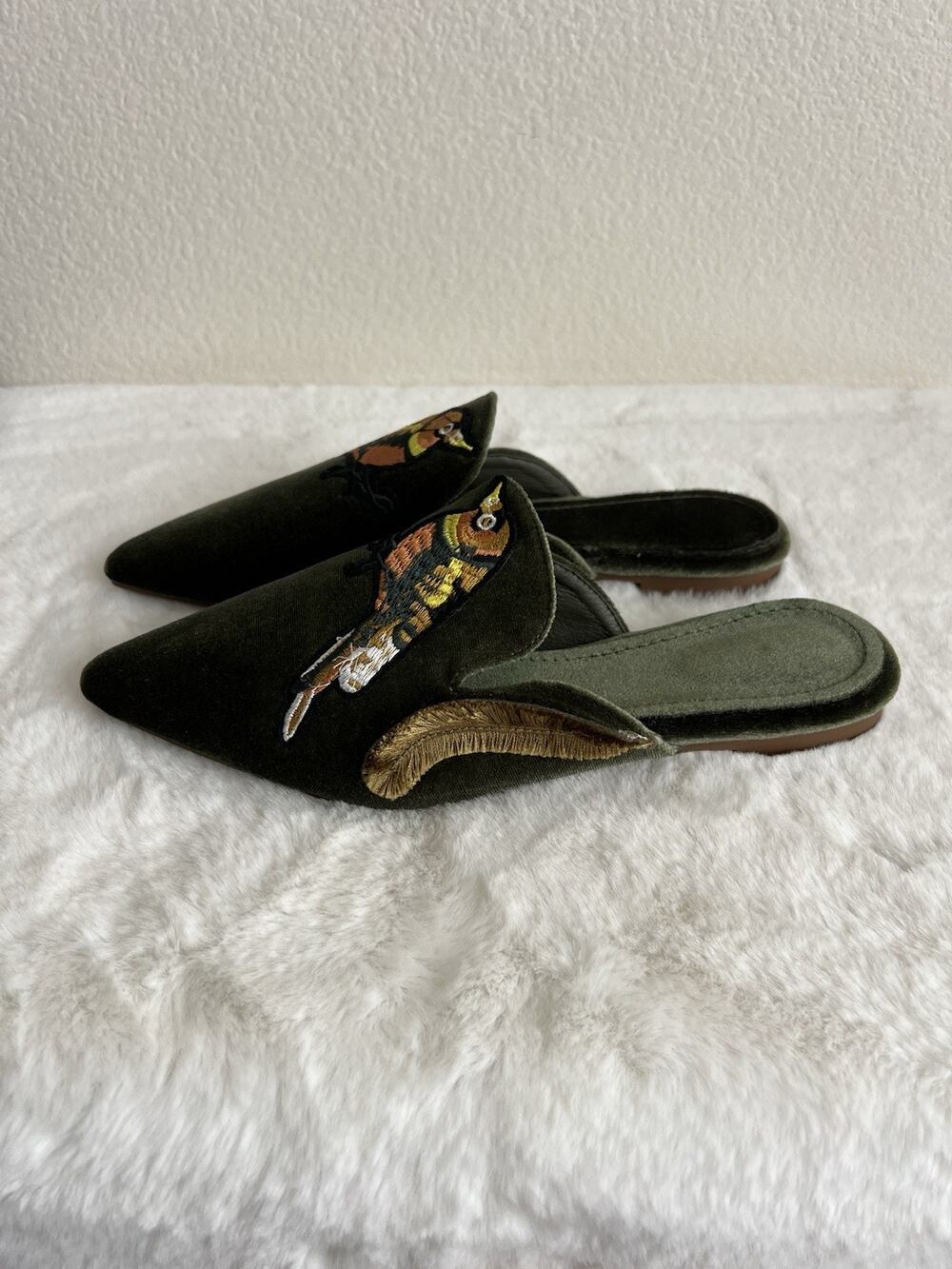 Women’s Slides Mules Green Multi Color Bird animal Size US 7 EU 39